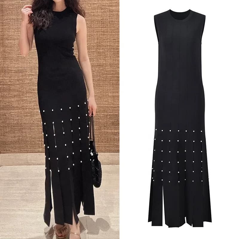 OUDINA Luksusowa Casualowa Sukienka Bodycon z Frędzlami i Perłami Bez Rękawów